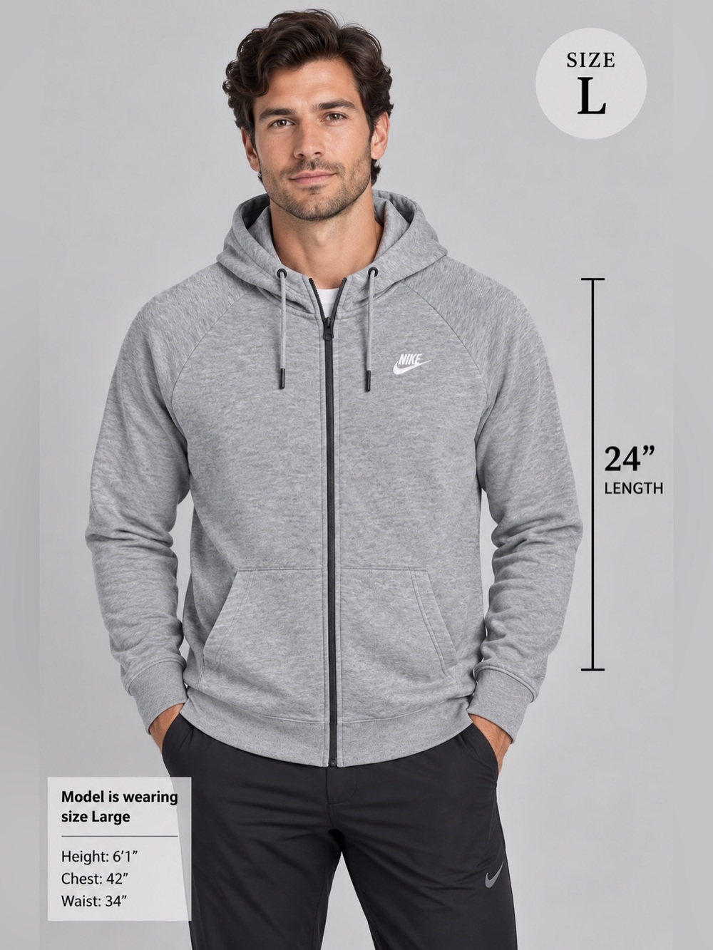 Nike Men's Full-Zip Fleece Hoodie Gray Size Large